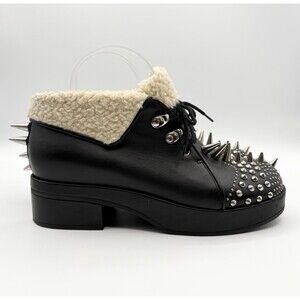 Gucci Harlem Studded Ankle Boots Black Leather w/ Sherpa Lining Combat Sz EU 38